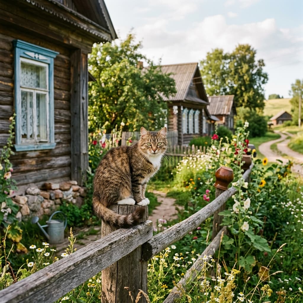 Кот в цветущей деревне